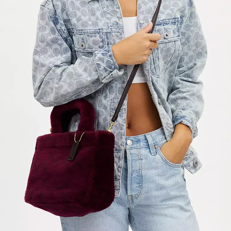 COACH Shearling Bonded Leather Tote Bag Shopping Bag Shoulder Bag Crossbody Bag Handbag Small Size Women's Burgundy-4