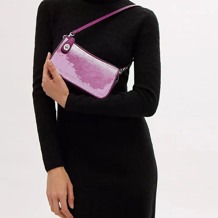 COACH Penn Calfskin Shoulder Bag Portable Crossbody Bag Shoulder Bag Women's Silver Deep Magenta Red-4
