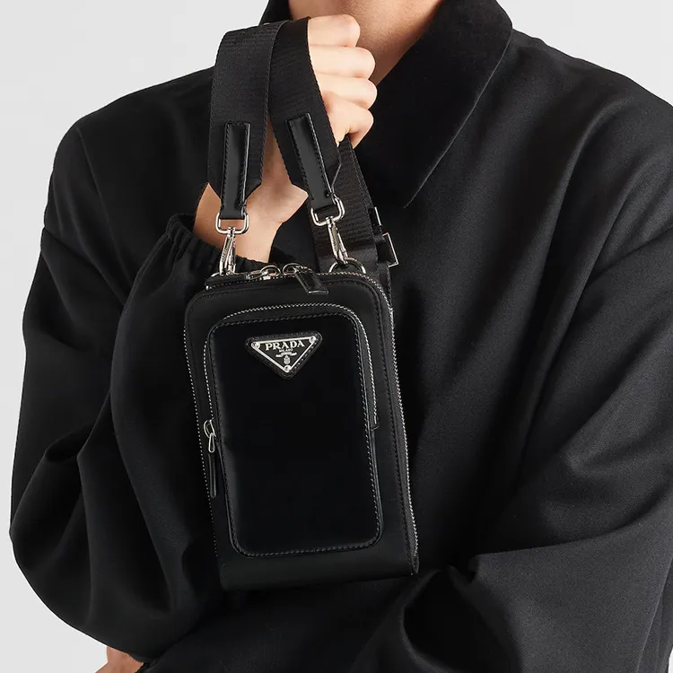 PRADA Fabric With Leather One Shoulder Crossbody Cell Phone Pouch Regular Men's Black-5
