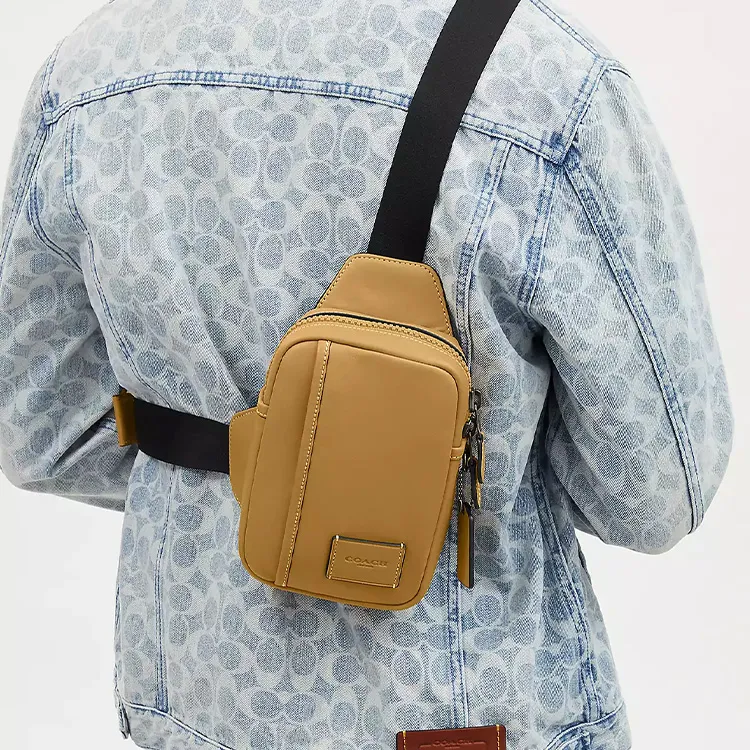 COACH Edge Calfskin One Shoulder Crossbody Fanny Pack Sling Bag Mini Men's Bronze & Linen-4