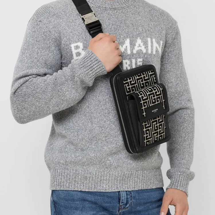 BALMAIN Leather Crossbody Bag Shoulder Bag Men's Light Beige & Black-4
