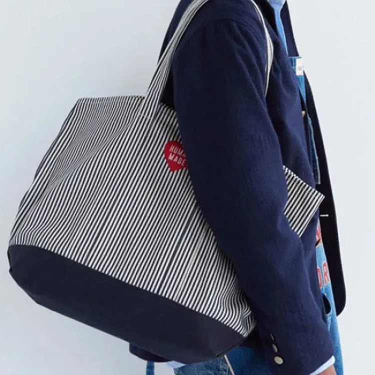 HUMAN MADE Cotton Tote Bag, Shopping Bag, Shoulder Bag, Handbag Regular Unisex Black White Stripes-4