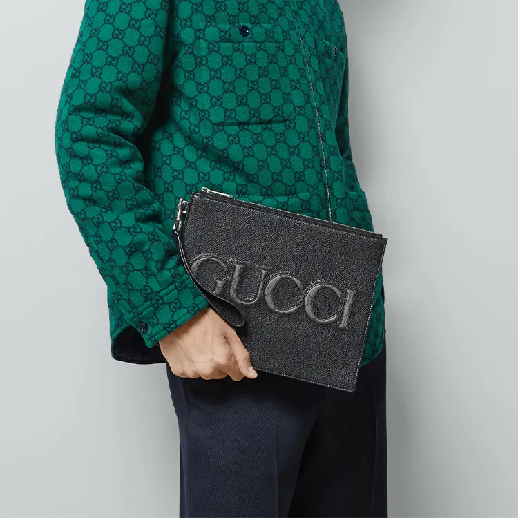GUCCI Leather With Canvas Binding Clutch Men's Black-9