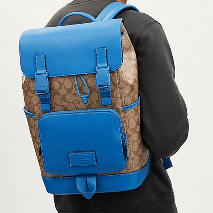 COACH Track Cow Leather Backpack Large Size Men's Khaki Bright Blue-4