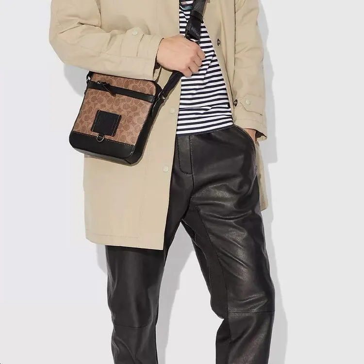 COACH Rivington Monogram Canvas With Leather Shoulder Bag, Crossbody Bag Small Size Men's Khaki Monogram & Black-3