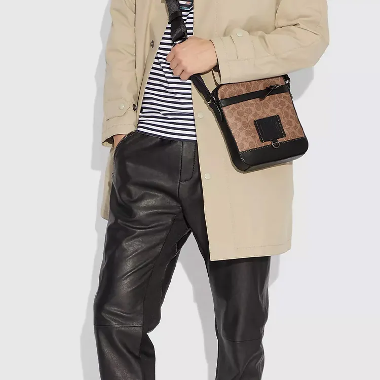 COACH Rivington Monogram Canvas With Leather Shoulder Bag, Crossbody Bag Small Size Men's Khaki Monogram & Black-4