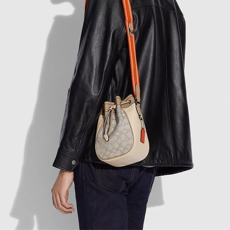 COACH Fabric With Leather Bucket Bags Shoulder Bag Crossbody Bag Men's Beige & Orange-4
