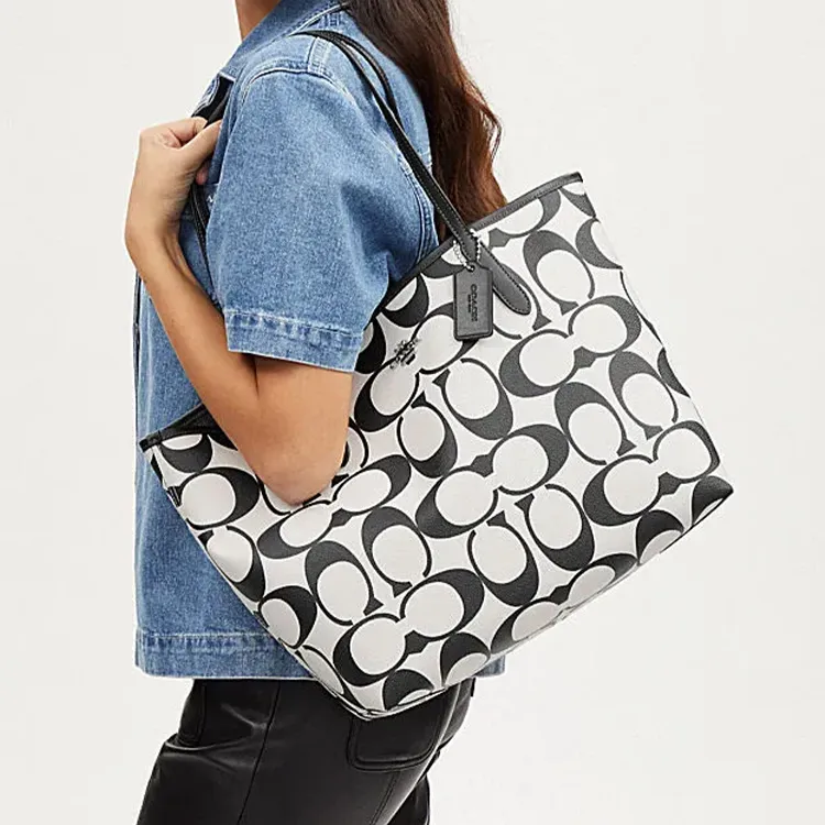 COACH City PVC Tote Bag, Shopping Bag, Handbag, Shoulder Bag Women's Silver Hardware & Chalk Multicolor-3
