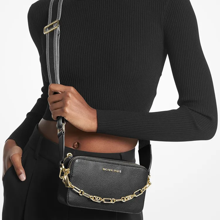 MICHAEL KORS Jet Set Pebbled Leather Camera Bag, Shoulder Bag, Crossbody Bag Trumpets Women's Black-5