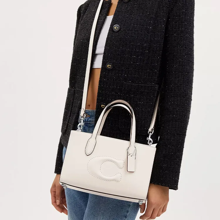 COACH Refined Calfskin Shoulder Bag, Crossbody Bag, Handbag Medium Size Women's Silver & Chalk-3