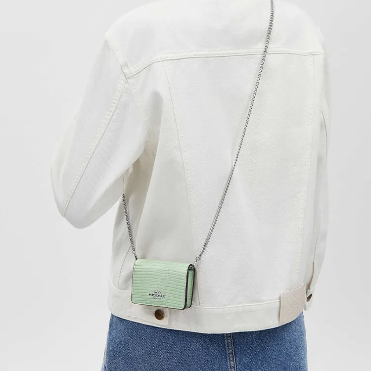 COACH Lizard Embossed Leather Shoulder Bag, Crossbody Bag, Wallet Mini Women's Silver & Light Green-4