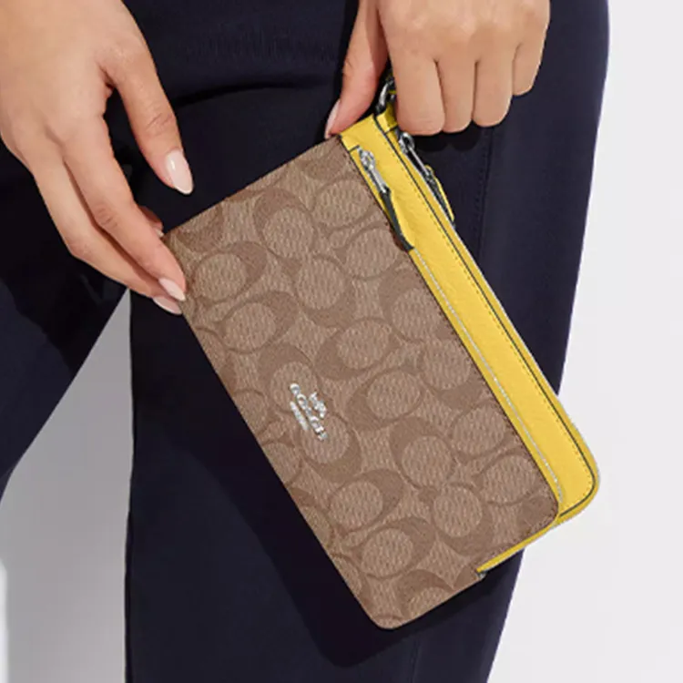 COACH Double Zip Wallet Eggstone Grain Leather Coin Purse Wrist Bag Wallet Women's Silver & Khaki & Vintage Yellow-4