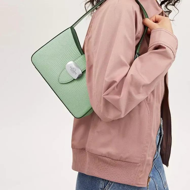 COACH Eliza Lizard Embossed Leather Handbag, Shoulder Bag Medium Size Women's Silver & Light Green-4