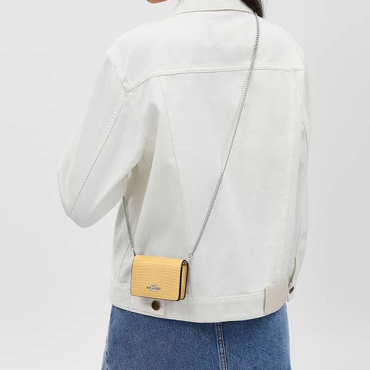 COACH Lizard Embossed Leather Shoulder Bag, Crossbody Bag, Wallet Mini Women's Silver & Grass-4