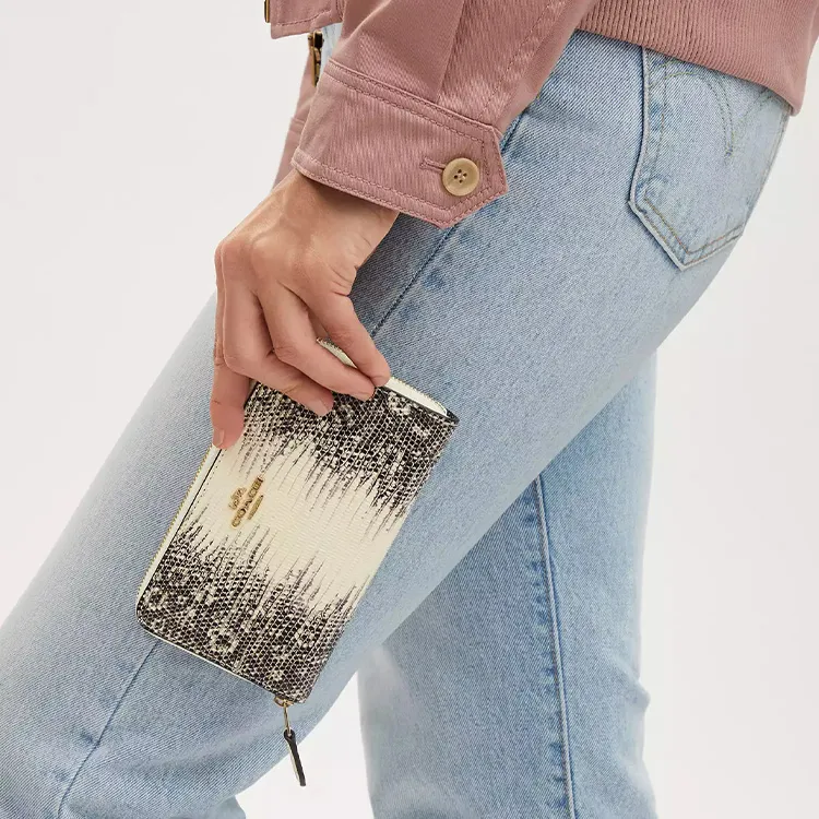 COACH Id Zip Wallet Lizard Embossed Leather Wallet Medium Size Women's Gold & Natural-2