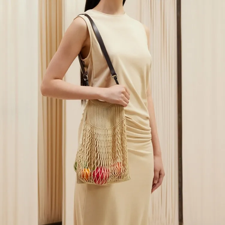 Lemaire Fabric With Cow Leather Handbag, Shoulder Bag Unisex Light Beige-4