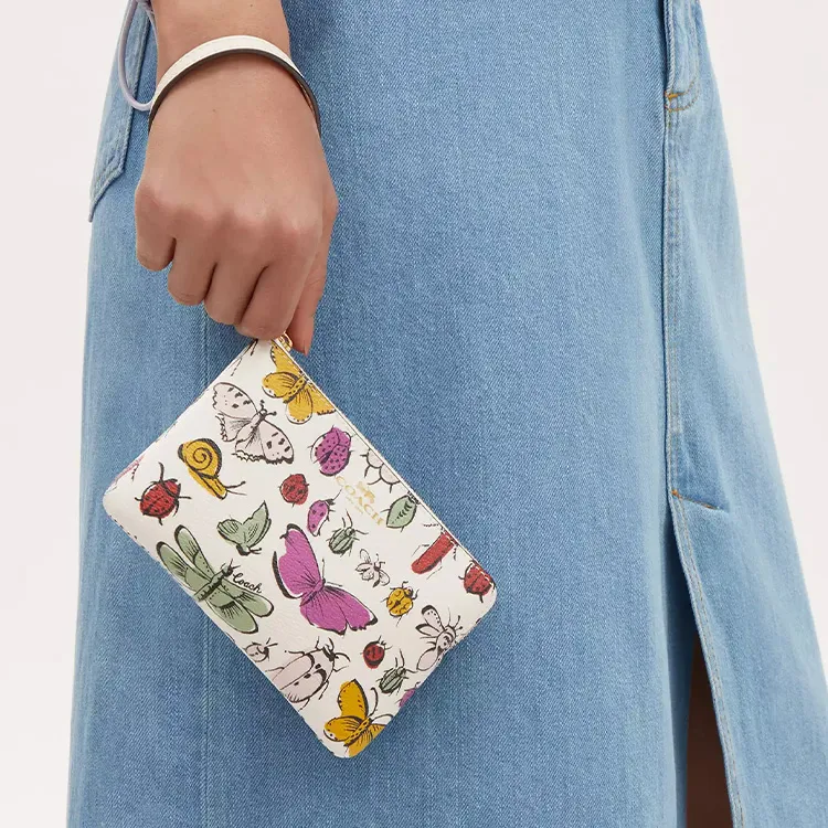 COACH Corner Zip Coated Canvas With Recycled Leather Wallets Clutches Small Size Women's Gold & Chalk Multicolor-4