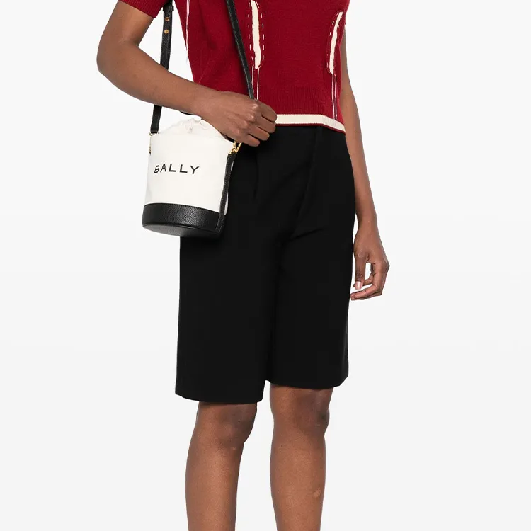 BALLY Fabric With Leather Bucket Bags Shoulder Bag Crossbody Bag Mini Women's Beige & Black-4