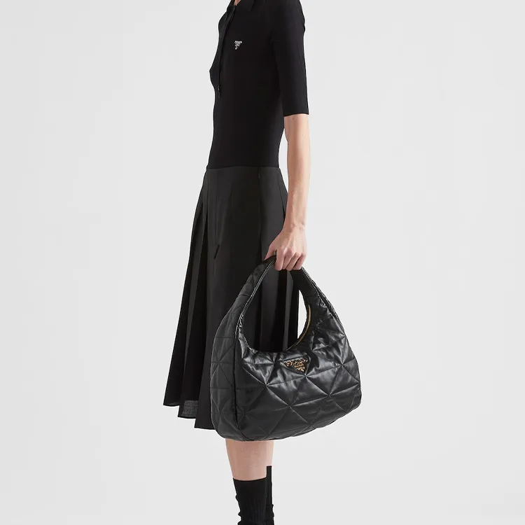 PRADA Lambskin Hobo Bag Shoulder Bag Crossbody Bag Handbag Medium Size Women's Black-5