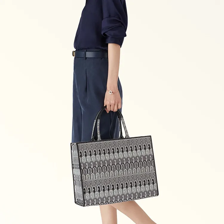 Furla Opportunity Cotton With Polyester Tote Bag Shopping Bag Handbag Large Size Women's Gray & Black-4