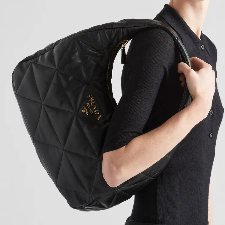 PRADA Lambskin Hobo Bag Shoulder Bag Crossbody Bag Handbag Medium Size Women's Black-4
