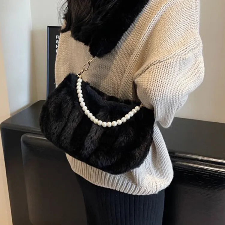 NOMK Plush Leather Fur Shoulder Bag Small Square Bag Regular Women's Ecru/Pink/Black/Brown-12
