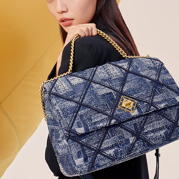 FION Fabric Tote Bag, Shopping Bag, Shoulder Bag, Handbag Medium Size Women's Dark Blue-5