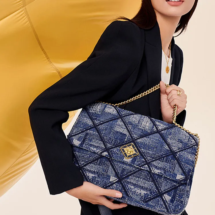 FION Fabric Tote Bag, Shopping Bag, Shoulder Bag, Handbag Medium Size Women's Dark Blue-4