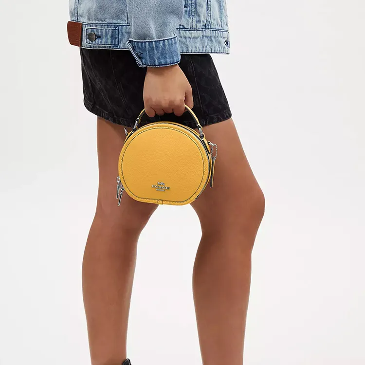 COACH Canteen Delicate Pebbled Leather Handbag Shoulder Bag Crossbody Bag Small Size Women's Silver Multicolor Yellow-4
