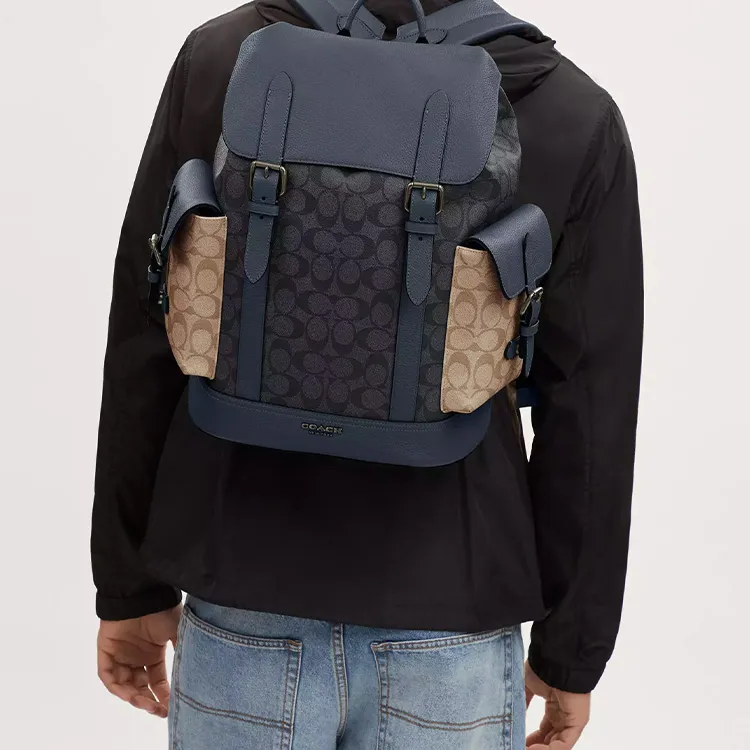 COACH Hudson Signature Coated Canvas With Leather Backpack Large Size Men's Charcoal Gray & Khaki & Denim-4