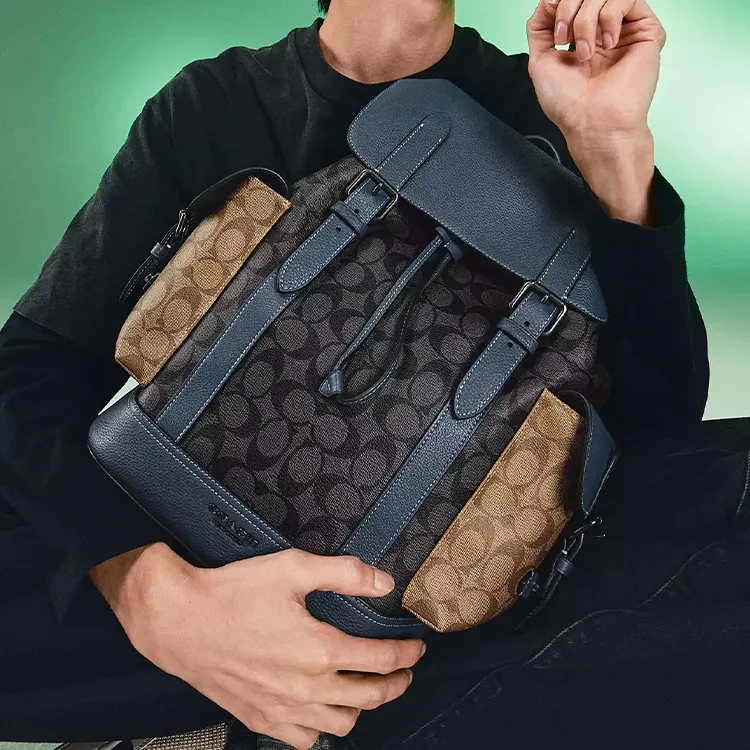 COACH Hudson Signature Coated Canvas With Leather Backpack Large Size Men's Charcoal Gray & Khaki & Denim-3