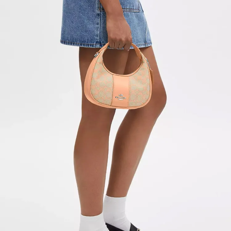 COACH Iconic Jacquard With Smooth Leather Handbag Shoulder Bag Crossbody Bag Mini Women's Silver & Faded Blush-3