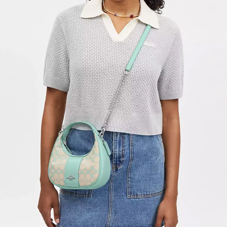 COACH Iconic Jacquard With Smooth Leather Handbag Shoulder Bag Crossbody Bag Mini Women's Silver & Faded Blue-4