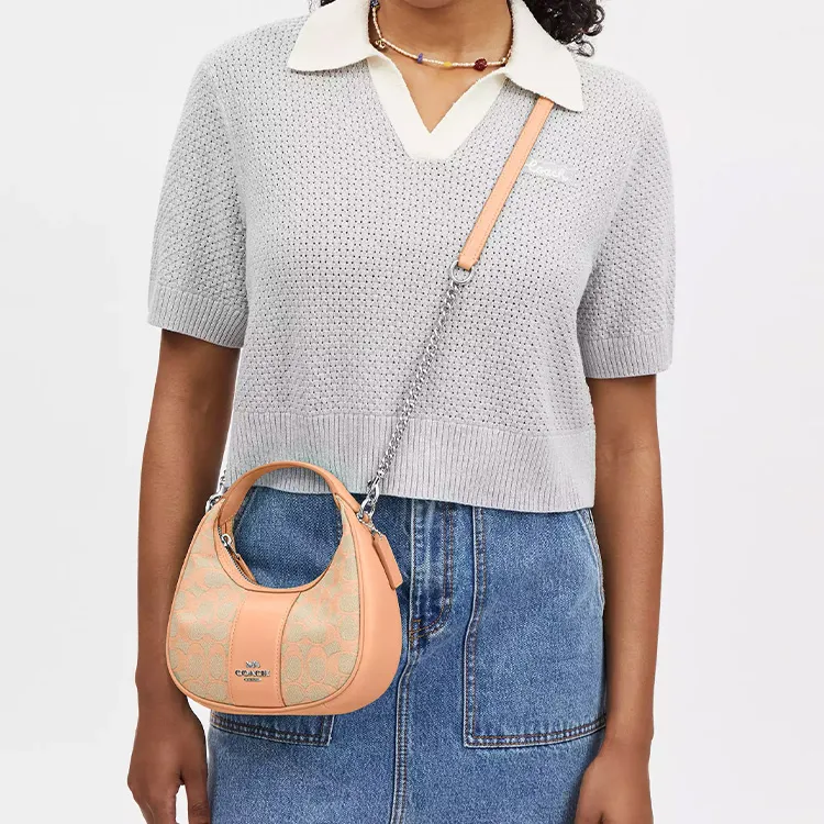 COACH Iconic Jacquard With Smooth Leather Handbag Shoulder Bag Crossbody Bag Mini Women's Silver & Faded Blush-4