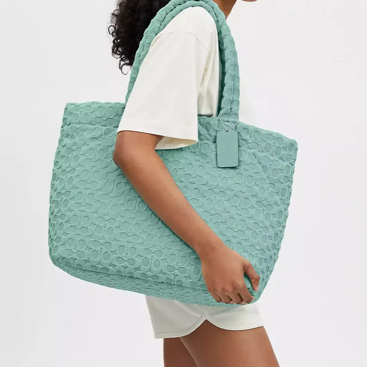COACH Terry Cloth With Smooth Leather Tote Bag, Shopping Bag, Handbag Tubas Women's Silver & Faded Blue-3