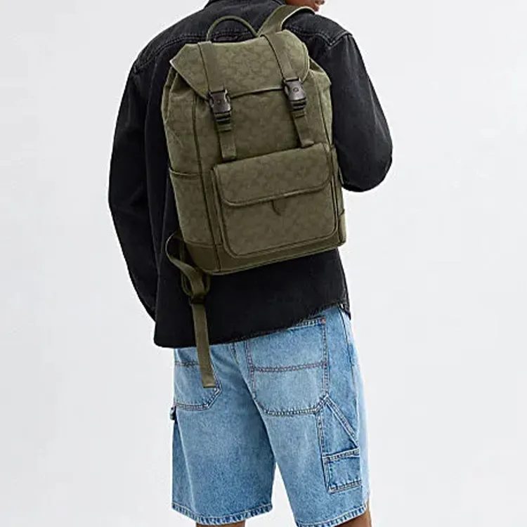 COACH League Fabric Cow Leather Patchwork Backpack Large Size Men's Army Green-4