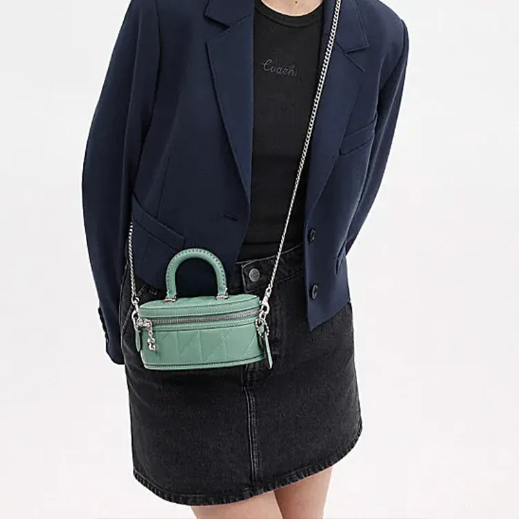 COACH Trail Sheepskin With Cow Leather Shoulder Bag, Crossbody Bag, Handbag Mini Women's Aquamarines Stone Color-6