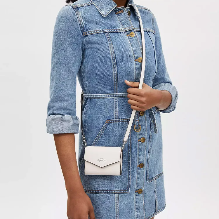 COACH Envelope Refined Pebbled Leather One Shoulder Crossbody Envelope Wallet Mini Women's Silver & Chalk-5