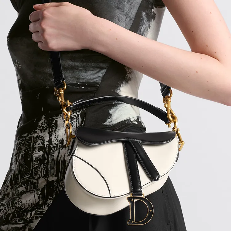 DIOR Cow Leather Saddle Bag Handbag Shoulder Bag Crossbody Bag Mini Women's Black White-2