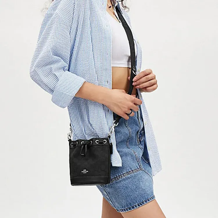 COACH Fabric With Cow Leather Bucket Bag, Handbag, Shoulder Bag, Crossbody Bag Mini Women's Silver Hardware & Black-3
