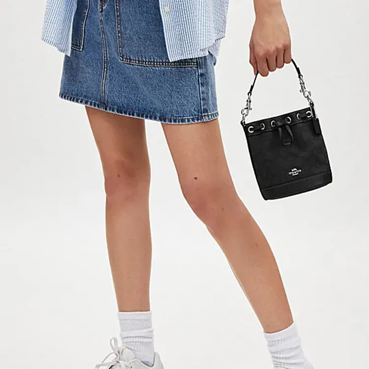 COACH Fabric With Cow Leather Bucket Bag, Handbag, Shoulder Bag, Crossbody Bag Mini Women's Silver Hardware & Black-4