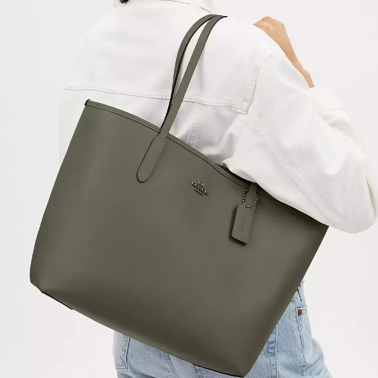 COACH City Pebbled Leather Tote Bag, Shopping Bag, Handbag Large Size Women's Gunmetal & Army Green-3