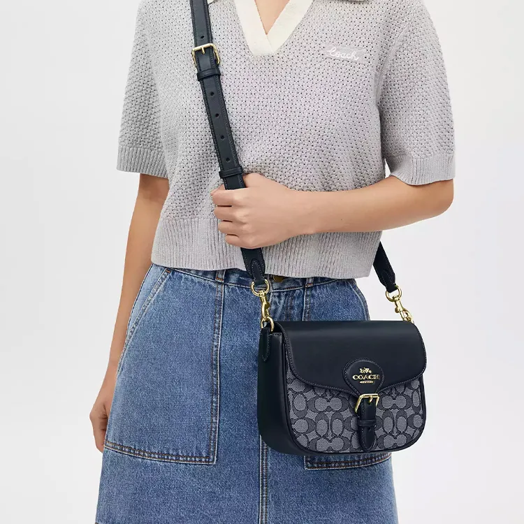 COACH Amelia Jacquard With Leather Shoulder Bag, Crossbody Bag Women's Midnight Marine-4