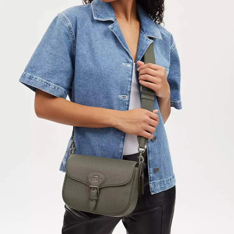 COACH Amelia Pebbled Leather Shoulder Bag Crossbody Bag Medium Size Women's Gunmetal & Military Green-3