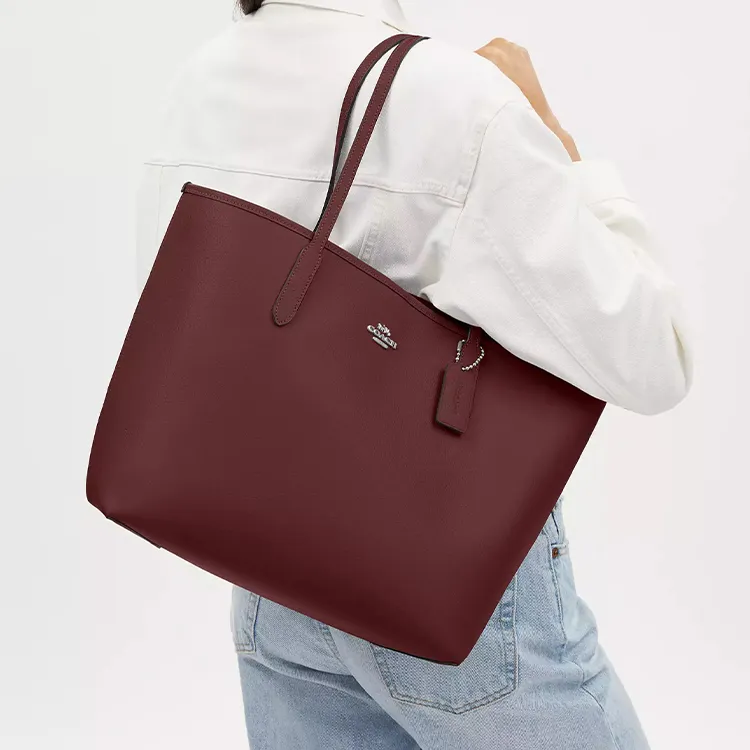 COACH City Double Sided Leather Tote Bag, Shopping Bag, Handbag Tubas Women's Silver & Burgundy-3