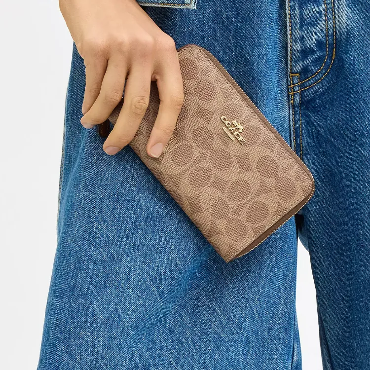 COACH Id Zip Wallet Coated Canvas Wallet Medium Size Women's Gold Tawny And Brown-4