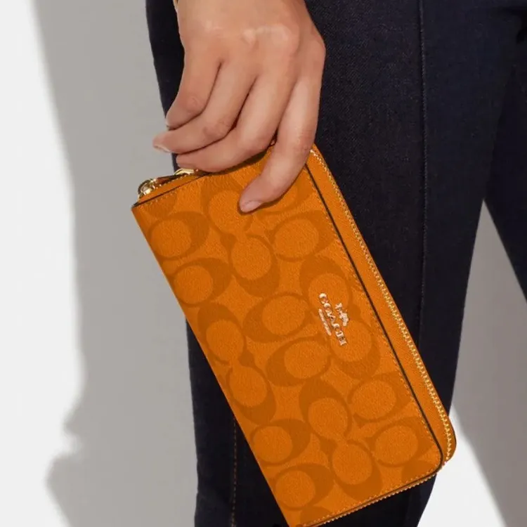 COACH Zip Around Canvas With Leather Wrist Bag Wallet Small Size Women's Light Orange-4