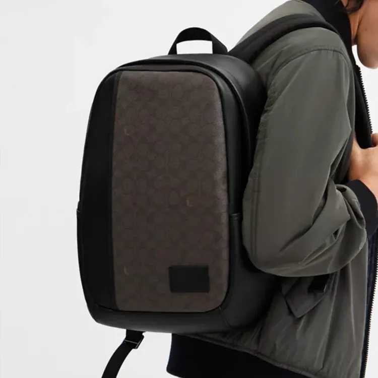COACH Edge Coated Canvas Backpack Tubas Men's Walnut Wood & Black-3