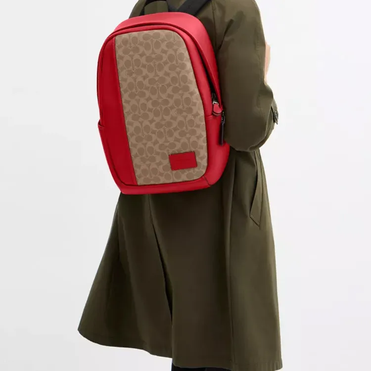 COACH Edge Coated Canvas With Calfskin Backpack Large Size Men's Tan & Bold Red-3