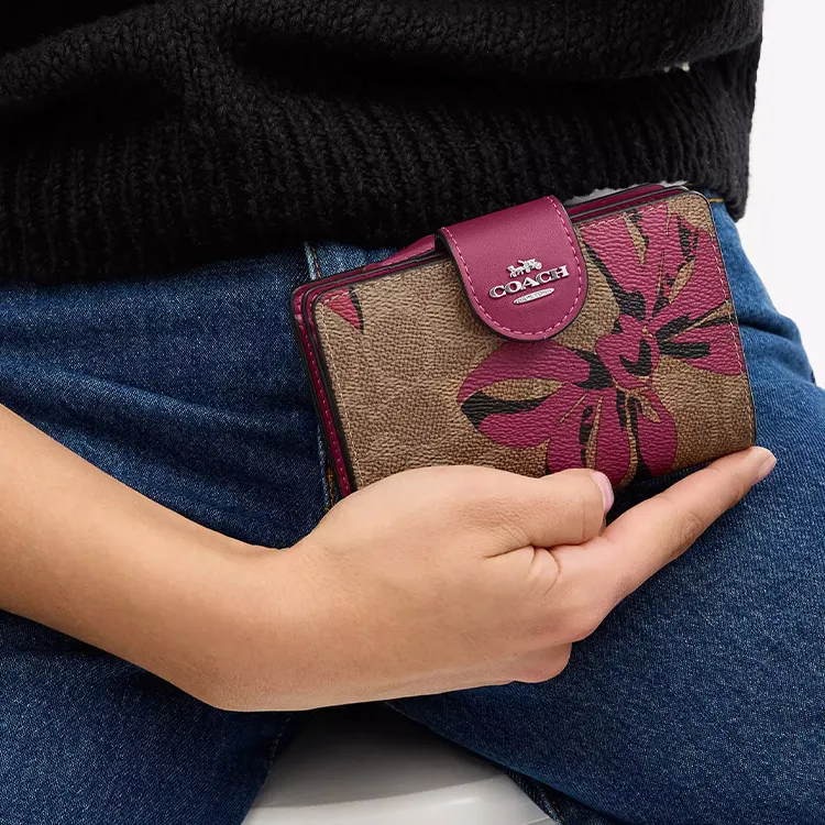 COACH Coated Canvas Wallet Medium Size Women's Silver & Tan & Pink Multicolor-2